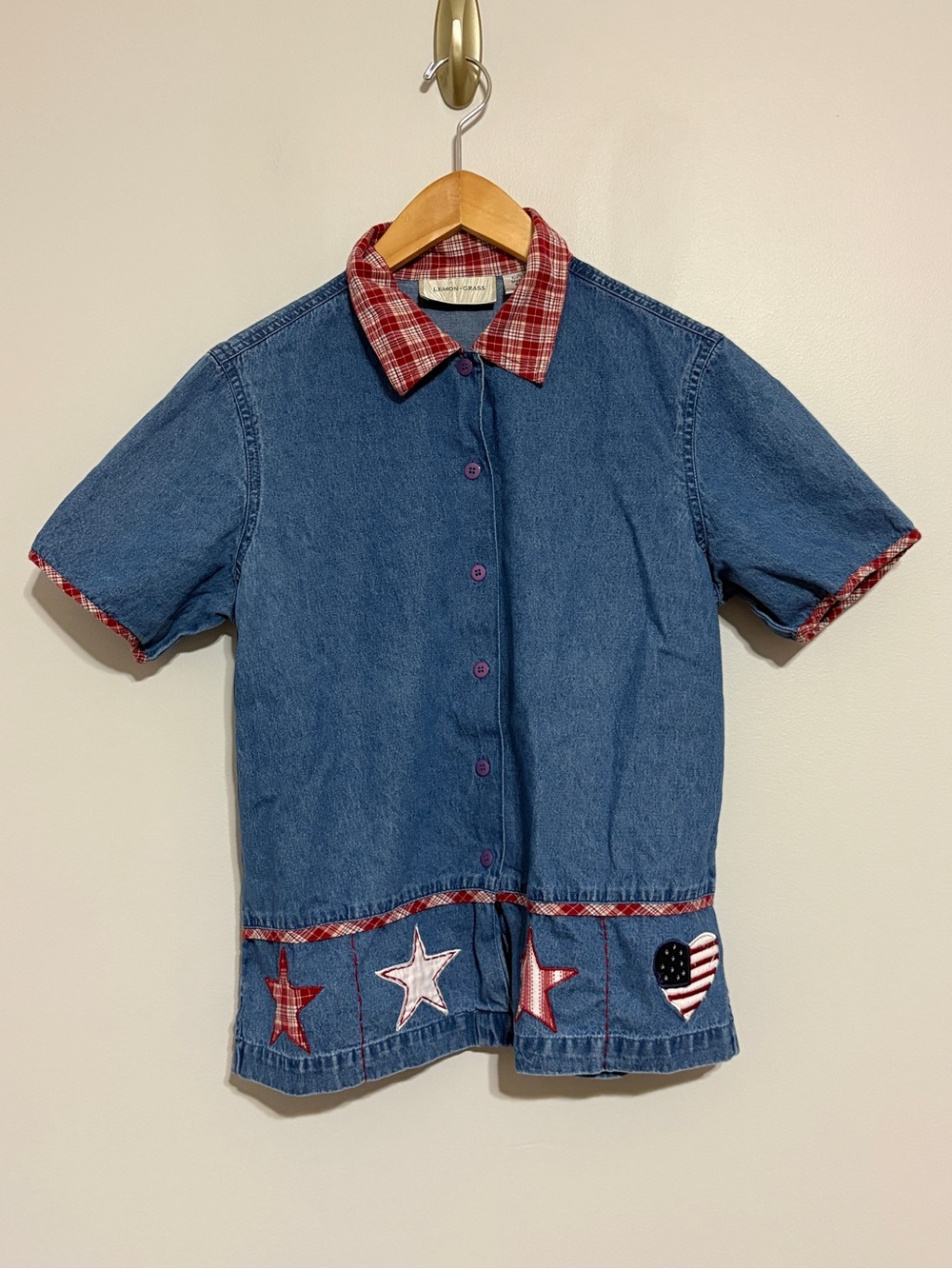 Vintage American Flag Blue Denim Short-Sleeve Button Down Shirt Size Small